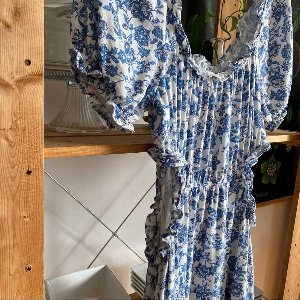 By The River Blue White Porcelain Floral Print Linen Blend Cut Out Midi Dress L - Picture 5 of 16